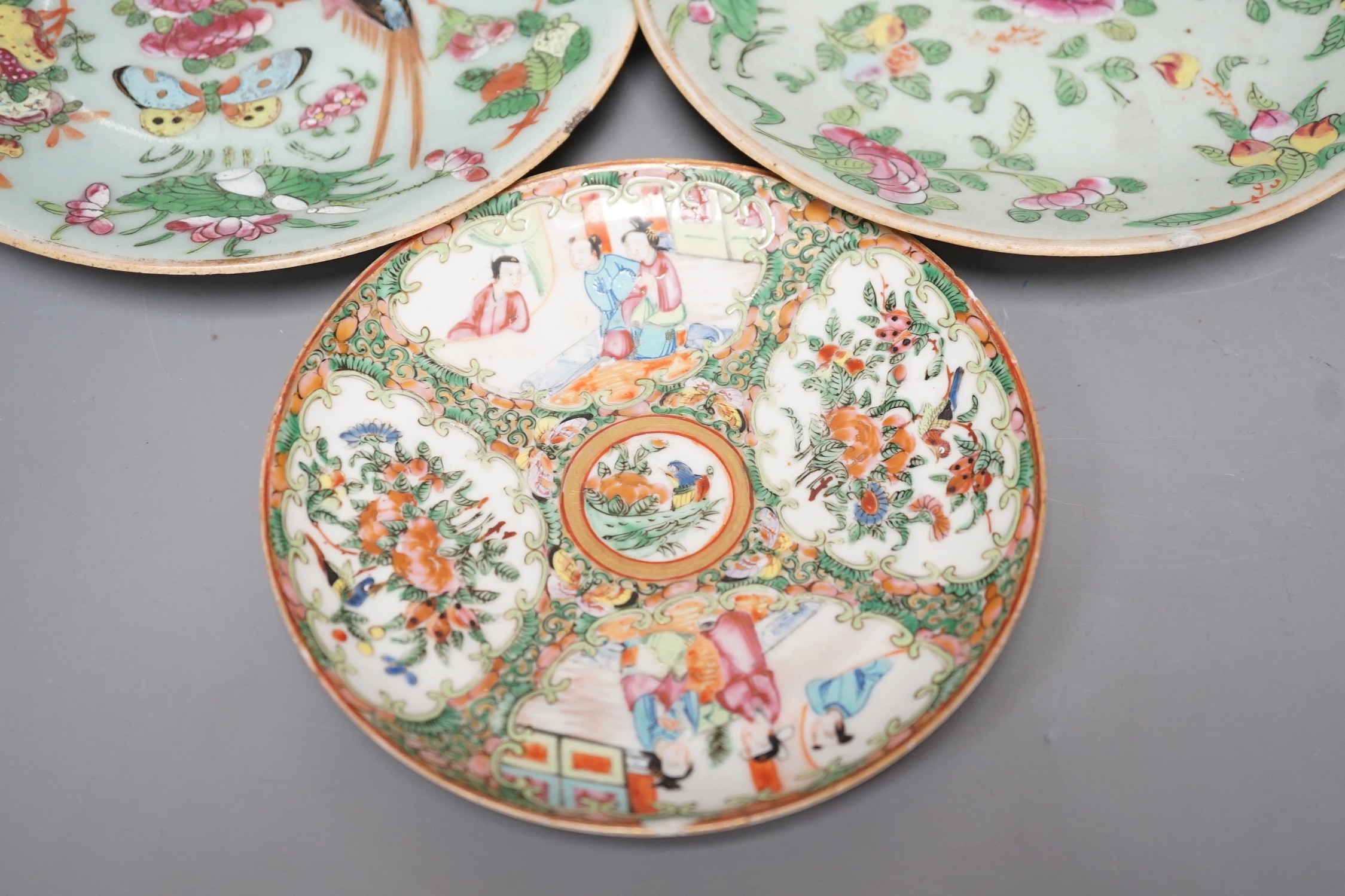 Assorted Chinese Canton decorated famille rose plates, 19th century, largest 27.5cm